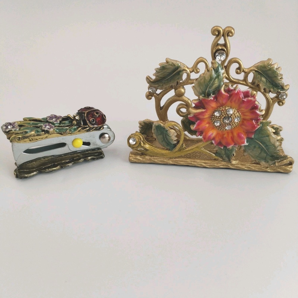Collette et Cie Enamel Jewel Desk Set Flower Card Holder & Ladybug Staple Remove